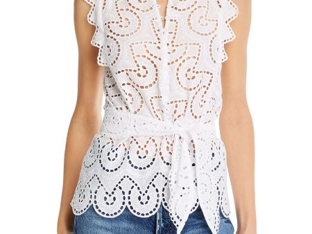 REBECCA TAYLOR Womens Ivory Eyelet Tie Scalloped Sleeveless Split Top Hot on Sale