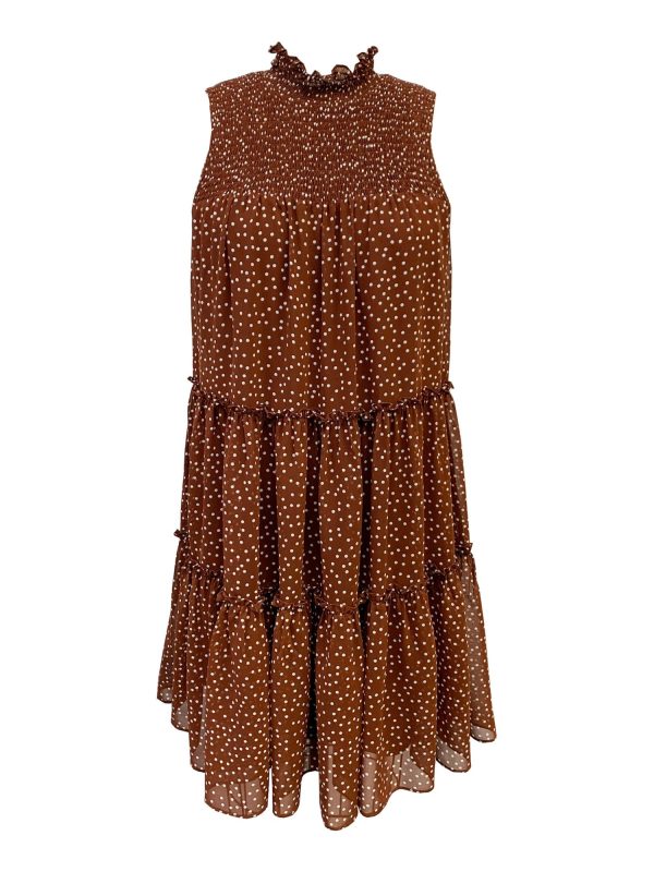 TAYLOR PETITE Womens Brown Smocked Sheer Lined Tiered Polka Dot Sleeveless Mock Neck Mini Shift Dress Online now