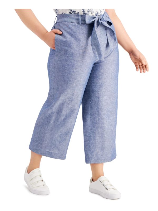 BAR III Womens Blue Pocketed Tie-waist Heather Wide Leg Pants Supply