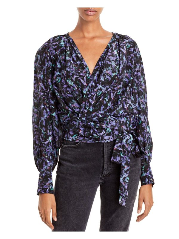 IRO Womens Black Tie Ruffled Printed Long Sleeve Surplice Neckline Wrap Top on Sale