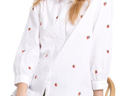 BARBOUR Womens White Textured Embroidered Cuffed Curved Hem Slitted Striped 3 4 Sleeve Collared Button Up Top on Sale