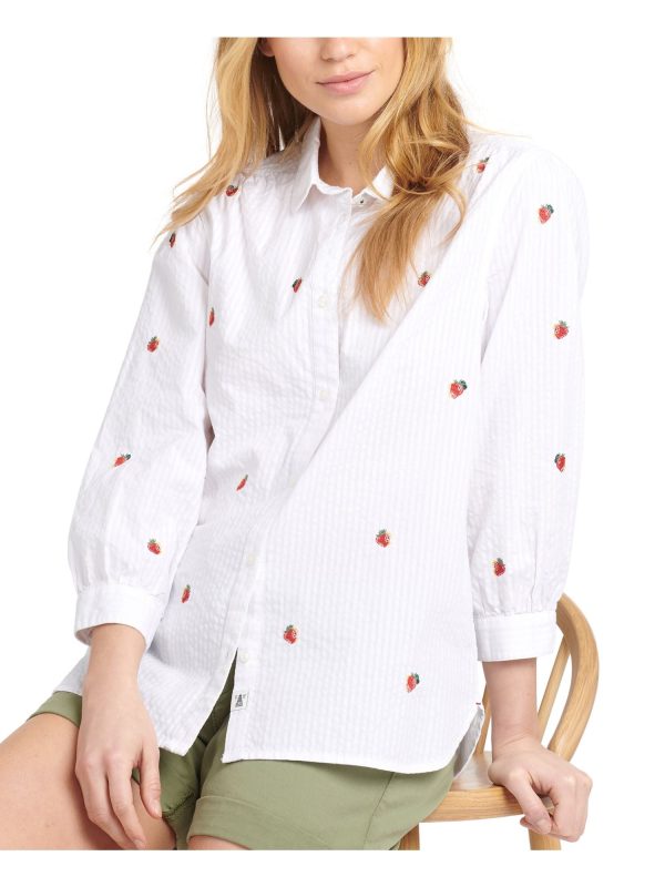 BARBOUR Womens White Textured Embroidered Cuffed Curved Hem Slitted Striped 3 4 Sleeve Collared Button Up Top on Sale