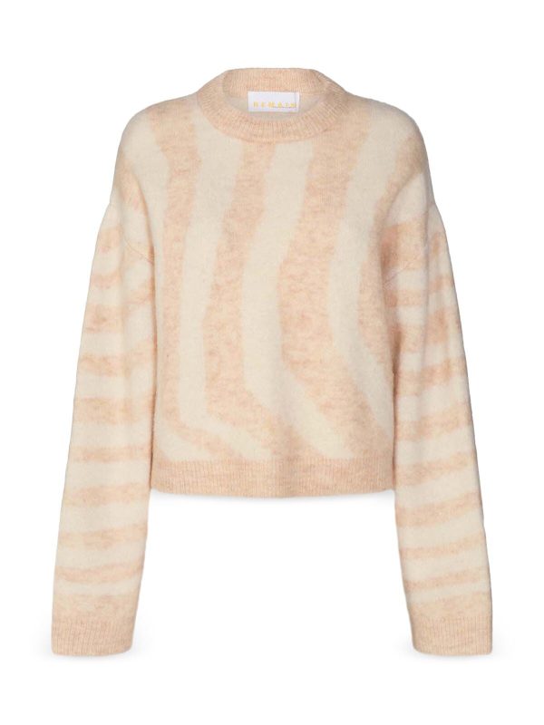 REMAIN Womens Beige Ribbed Mohair Pull-on  Drop Sleeve Striped Long Sleeve Crew Neck Sweater Online