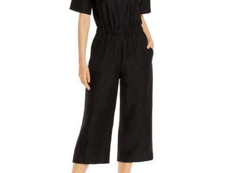 EILEEN FISHER Womens Black Short Sleeve V Neck Wide Leg Jumpsuit For Sale