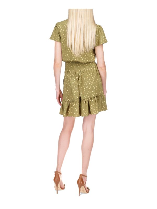 MICHAEL MICHAEL KORS Womens Green Metallic Smocked Printed Short Sleeve Surplice Neckline Above The Knee Tulip Dress For Sale