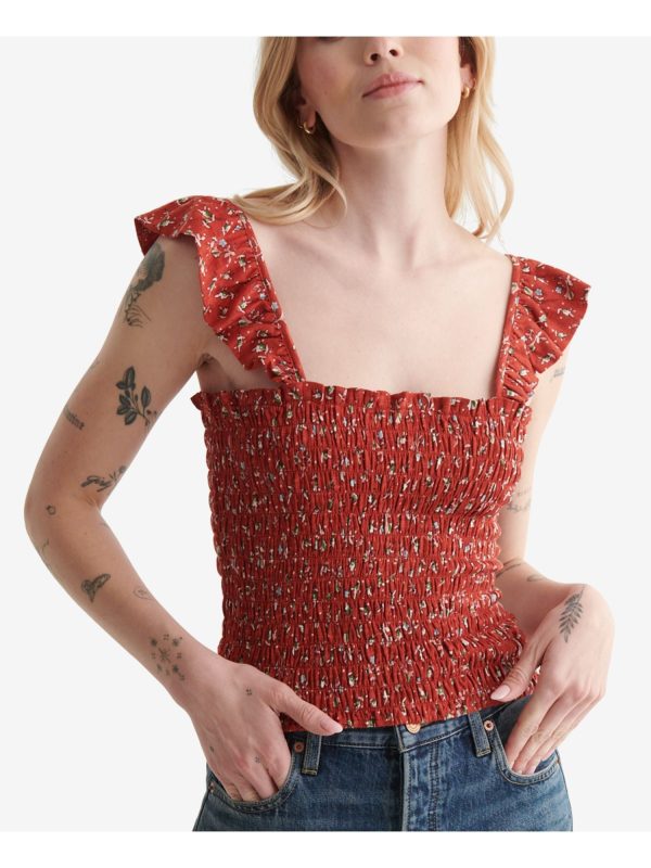 LUCKY BRAND Womens Red Smocked Short Length Ruffled Straps Fitted Floral Sleeveless Square Neck Tank Top Online Hot Sale