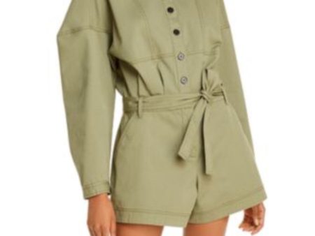 DEREK LAM Womens Green Belted Pocketed Band Collar Utility Cuffed Sleeve Button Up Romper Online