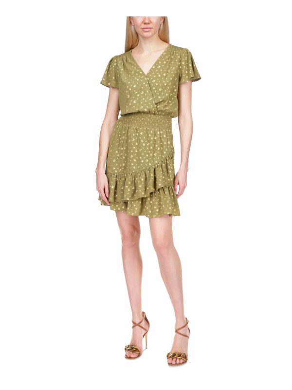 MICHAEL MICHAEL KORS Womens Green Metallic Smocked Printed Short Sleeve Surplice Neckline Above The Knee Tulip Dress For Sale