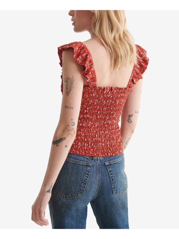 LUCKY BRAND Womens Red Smocked Short Length Ruffled Straps Fitted Floral Sleeveless Square Neck Tank Top Online Hot Sale