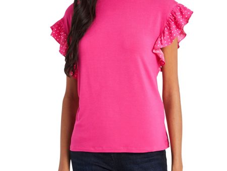 RILEY&RAE Womens Pink Stretch Ruffled Flutter Sleeve Crew Neck Wear To Work Top For Discount