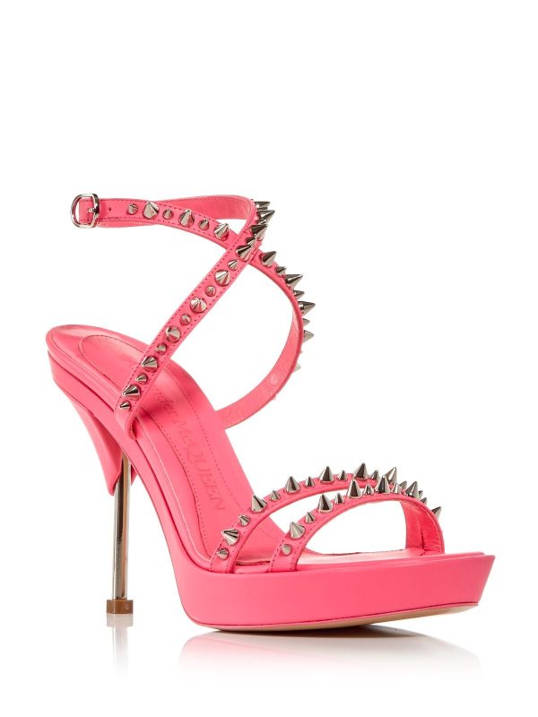 ALEXANDER MCQUEEN Womens Pink Metallic Heel 1  Platform Studded Strappy Round Toe Stiletto Buckle Leather Heeled Discount