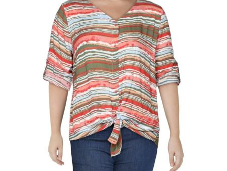 A + A COLLECTION Womens Coral Roll-tab Sleeve V Neck Button Up Top Online Sale