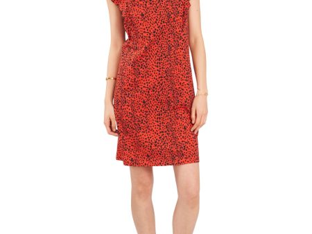 VINCE CAMUTO Womens Red Animal Print Flutter Sleeve Round Neck Short Party Dress For Discount