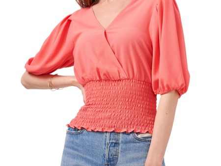 1. STATE Womens Coral Stretch Smocked Pleated Elbow Puff-sleeve Surplice Neckline Top Online Sale