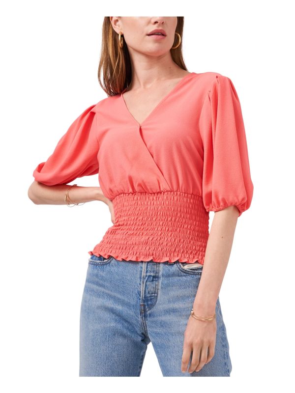 1. STATE Womens Coral Stretch Smocked Pleated Elbow Puff-sleeve Surplice Neckline Top Online Sale