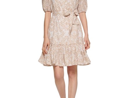 CALVIN KLEIN Womens Beige Zippered Pocketed Tie Belt Lined Printed Pouf Sleeve Split Above The Knee Fit + Flare Dress Supply