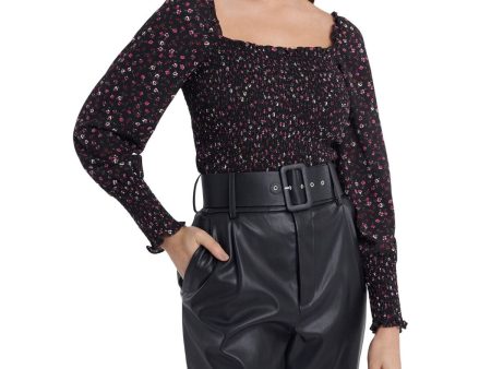 1. STATE Womens Black Stretch Smocked Ruffled Square-back Floral Blouson Sleeve Square Neck Blouse Fashion