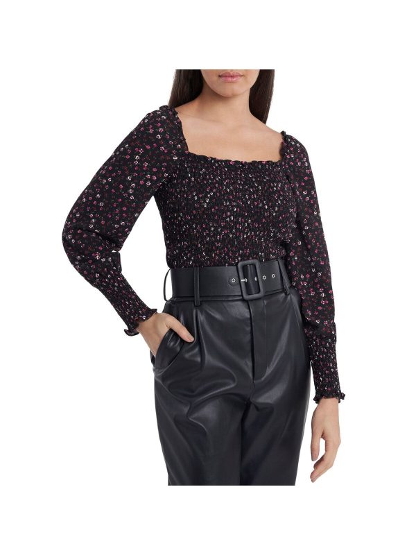 1. STATE Womens Black Stretch Smocked Ruffled Square-back Floral Blouson Sleeve Square Neck Blouse Fashion