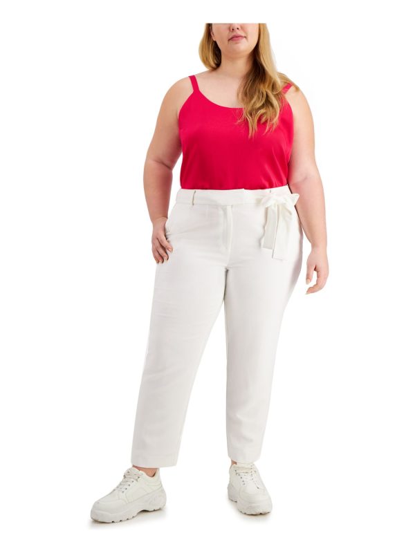 BAR III Womens White Stretch Pocketed Zippered Textured Side-tie Tapered Slim Wear To Work Pants Fashion