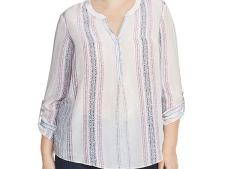 NIC+ZOE Womens White Printed Roll-tab Sleeve Split Top For Cheap