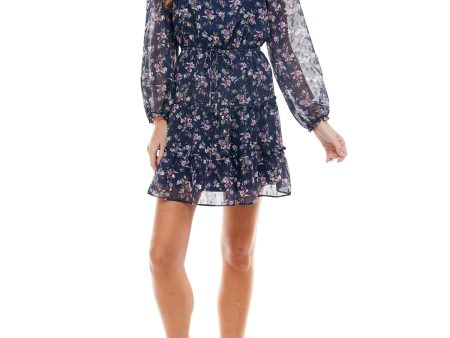 CRYSTAL DOLLS Womens Navy Metallic Tie Sheer Lined Ruffled Hem Floral Long Sleeve Square Neck Short Party Fit + Flare Dress Online Hot Sale