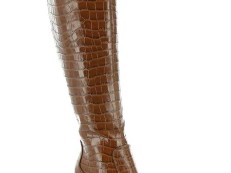 MARC FISHER Womens Brown Croc Padded Retie Pointed Toe Block Heel Zip-Up Leather Heeled Boots M For Discount