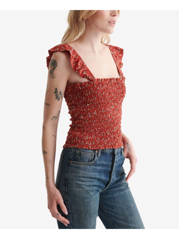 LUCKY BRAND Womens Red Smocked Short Length Ruffled Straps Fitted Floral Sleeveless Square Neck Tank Top Online Hot Sale