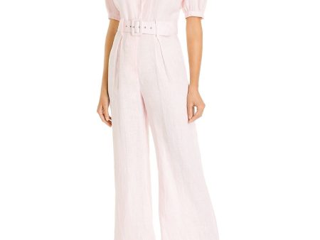 FAITHFULL THE BRAND Womens Pink Belted Pleated Button Front Short Sleeve Collared Jumpsuit For Sale