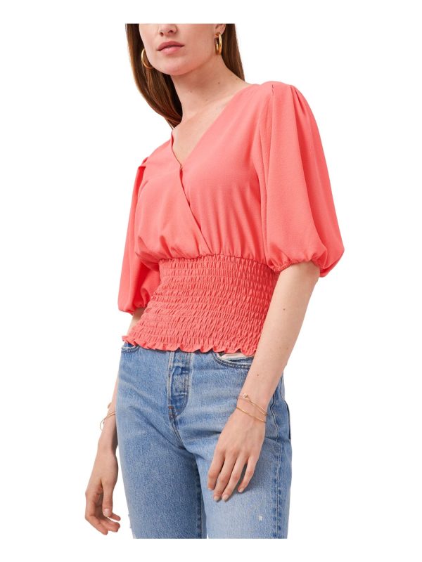 1. STATE Womens Coral Stretch Smocked Pleated Elbow Puff-sleeve Surplice Neckline Top Online Sale