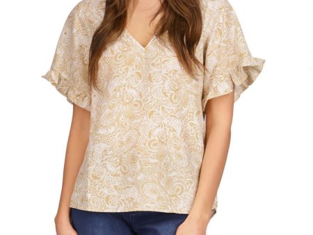 MICHAEL MICHAEL KORS Womens Beige Ruffled Slit Round Back Hem Paisley Short Sleeve V Neck Top Online now