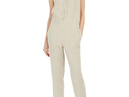 EILEEN FISHER Womens Beige Pocketed Organic Linen Sleeveless Crew Neck Straight leg Jumpsuit Online now