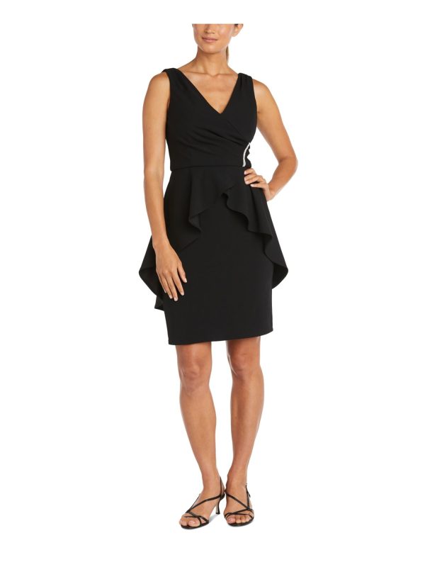 NIGHTWAY Womens Black Zippered Embellished Ruffled V Back Padded Pleated Sleeveless V Neck Above The Knee Evening Peplum Dress Online