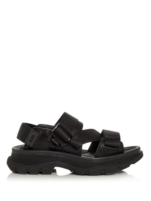 ALEXANDER MCQUEEN Womens Black Logo Buckle Platform 1-1 2  Buckle Accent Strappy Round Toe Wedge Sandals Shoes For Cheap