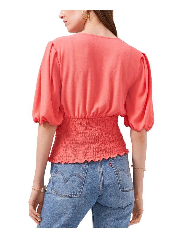 1. STATE Womens Coral Stretch Smocked Pleated Elbow Puff-sleeve Surplice Neckline Top Online Sale