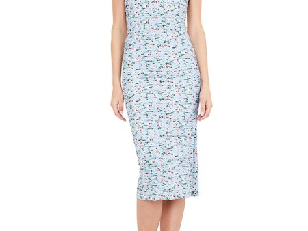 BARDOT Womens Blue Zippered Adjustable Straps Floral Square Neck Midi Cocktail Sheath Dress Online Hot Sale