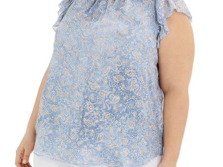 MICHAEL MICHAEL KORS Womens Light Blue Sheer Ruffled Lined Keyhole Front Paisley Flutter Sleeve Mock Neck Top Supply