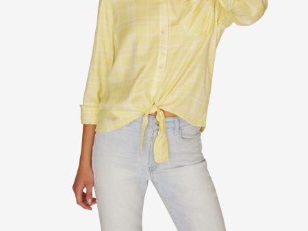 SANCTUARY Womens Yellow Pocketed Tie Front Plaid Long Sleeve Collared Button Up Top on Sale