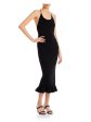 REBECCA TAYLOR Womens Black Ribbed Beaded Racerback Ruffled Hem Spaghetti Strap Scoop Neck Tea-Length Body Con Dress Hot on Sale