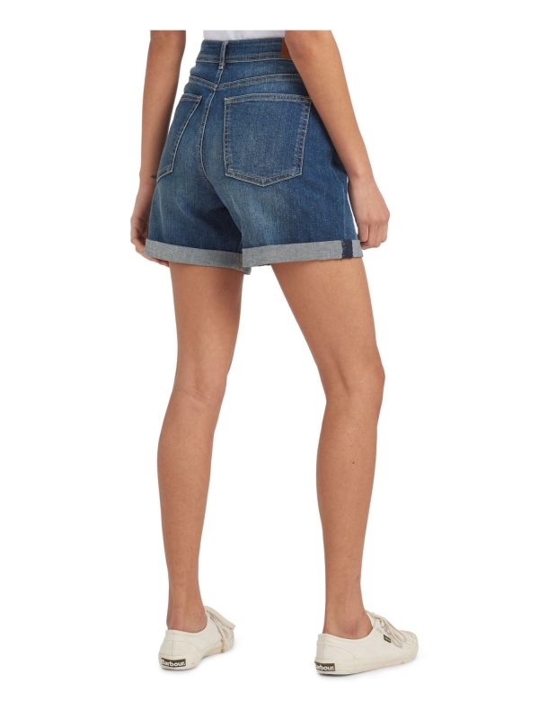 BARBOUR Womens Blue Denim Zippered Pocketed Cuffed Stretch High Waist Shorts Hot on Sale