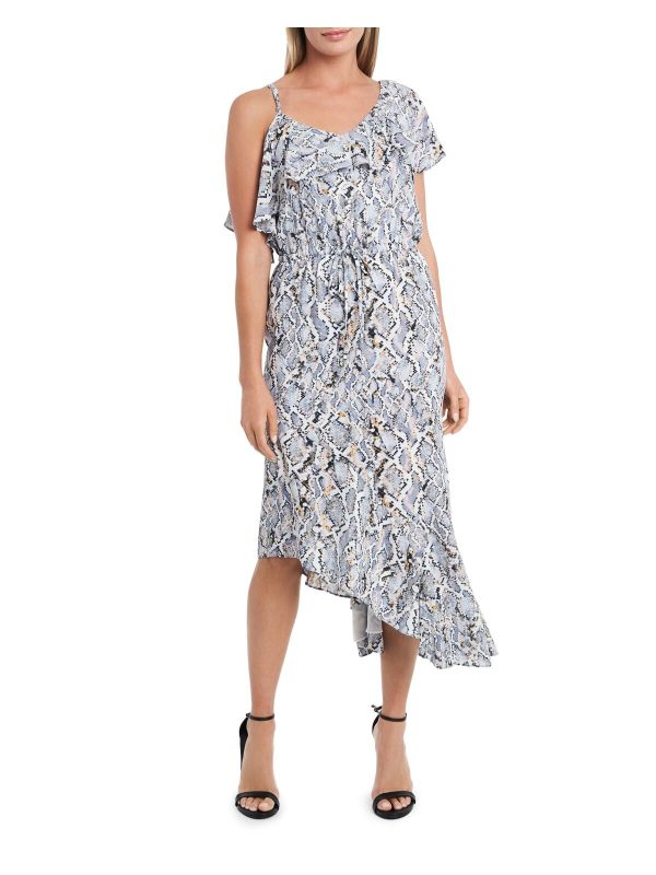 VINCE CAMUTO Womens White Lined Adjustable Flutter Sleeve Ruffed Overlay Printed V Neck Tea-Length Sheath Dress Online now