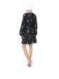 ML MONIQUE LHUILLIER Womens Black Stretch Zippered Pleated Scalloped Neckline Solid Waistba Floral Long Sleeve Surplice Neckline Short Cocktail Sheath Dress on Sale