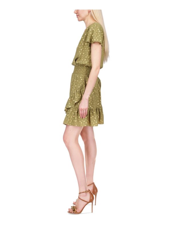 MICHAEL KORS Womens Green Smocked Asymmetrical Ruffled Skirt Flutter Sleeve Surplice Neckline Short Party Faux Wrap Dress Online