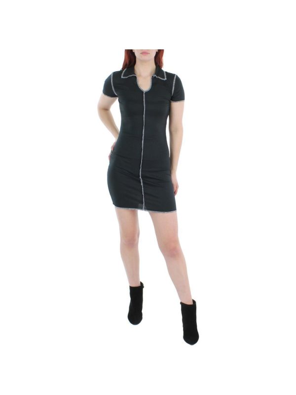 NO COMMENT Womens Black Fitted Ribbed Pullover Collared Short Sleeve Scoop Neck Short Shirt Dress Online now