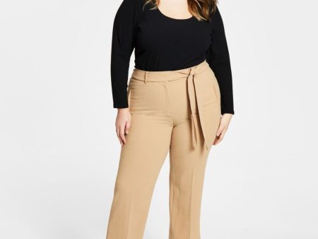 BAR III Womens Beige Belted Zippered Hook And Bar Closure Self Tie Wear To Work High Waist Pants Online