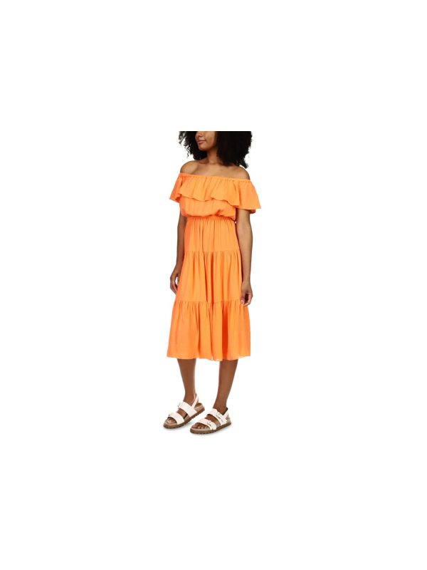 MICHAEL KORS Womens Orange Stretch Flutter Sleeve Off Shoulder Midi Party Peasant Dress For Cheap