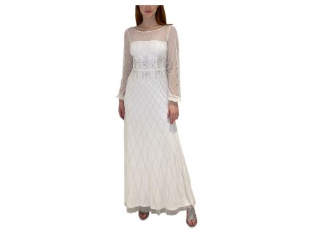 ADRIANNA PAPELL Womens White Embellished Zippered Sheer Darted Lined Elastic Cuffs Long Sleeve Boat Neck Full-Length Evening Gown Dress Discount