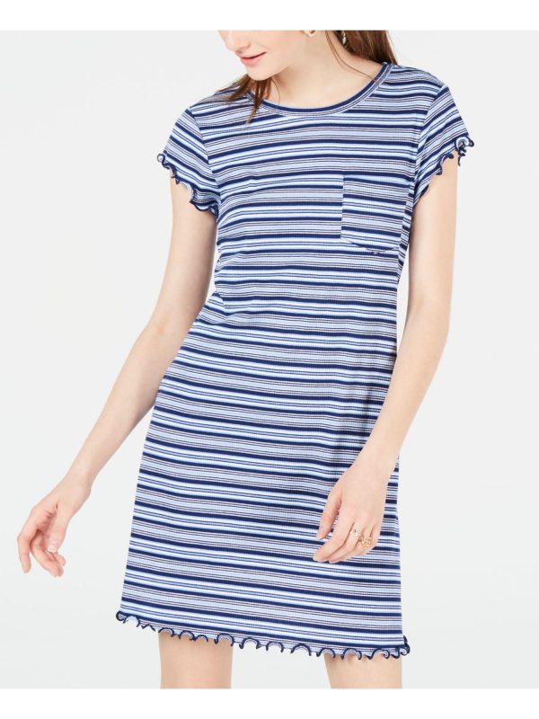 ULTRA FLIRT Womens Blue Pocketed  Lettuce Hem Striped Short Sleeve Short Dress on Sale