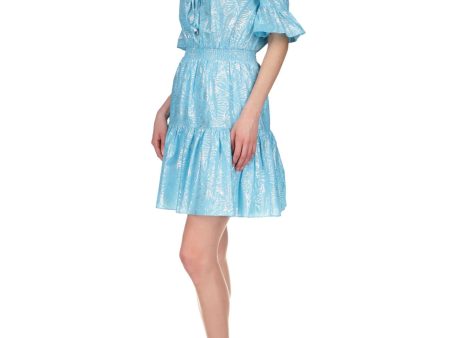 MICHAEL KORS Womens Aqua Adjustable Cold Shoulder Ruffle Lined Smocked Tie Printed Spaghetti Strap Split Above The Knee Fit + Flare Dress Sale