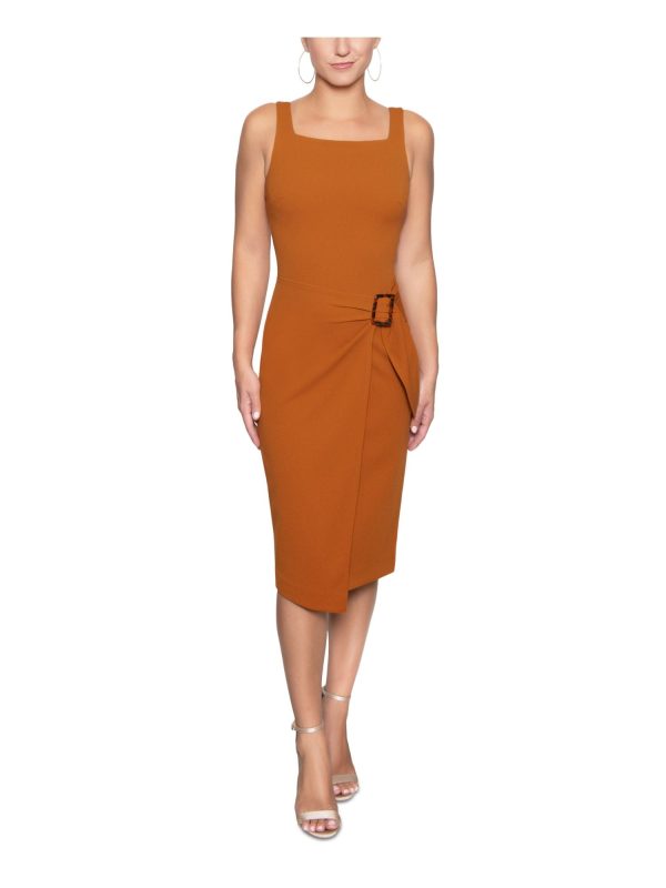 RACHEL RACHEL ROY Womens Orange Zippered Belt Buckled Faux-wrap Lined Sleeveless Square Neck Below The Knee Wear To Work Sheath Dress on Sale