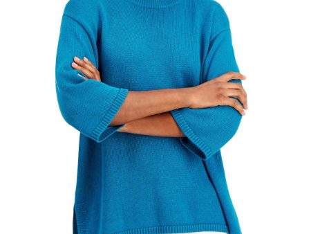 EILEEN FISHER Womens Teal Ribbed Knit Drop-shoulder 3 4 Sleeve Crew Neck Hi-Lo Sweater Online Sale